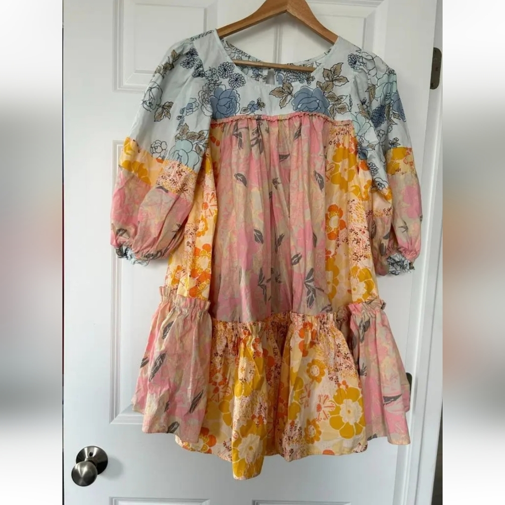 FREE PEOPLE RUFFLE cotton puff sleeve babydoll tunic dress S